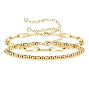 18k Gold Plated Stainless Steel Waterproof Tone Layered Beaded & Chain Bracelet
